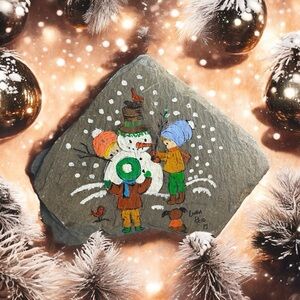 Hand Painted Signed Slate Rock- Winter Children Building Snowman Dog Birds
